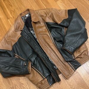 Men’s Two-Tone Leather Bomber Jacket - Brown/Black
